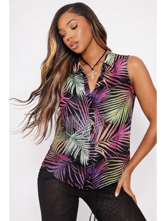 Forever 21 Tops - Forever 21 Size S Black Multicolor Tropical Sleeveless Blouse Resortcore Coastal